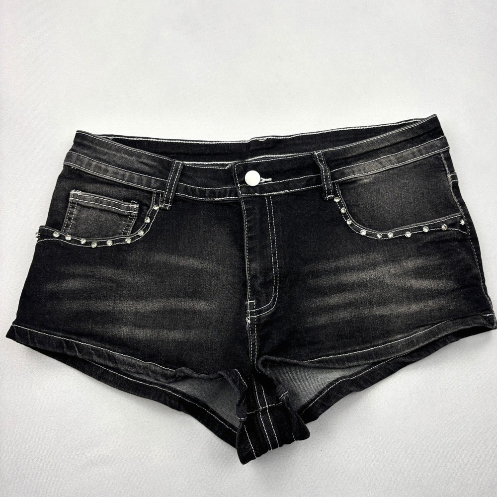 ROMWE Womens XL US 12 Black Rhinestone Sequin Cross Low Rise Denim Booty Shorts